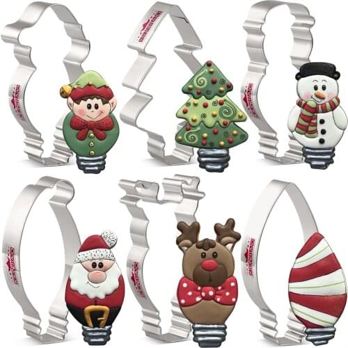 KENIAO Christmas Bulbs Cookie Cutter Set - 6 Pieces- Christmas Tree,Snowman, Biscuit Fondant Bread Cutter - Stainless Steel