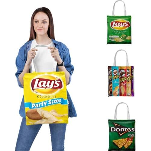 Potato Chips Printed Shopping Bag Tote Bags Canvas Bag Cartoon Shoulder Bags Folding Pouch Handbag Portable Shoulder Bag