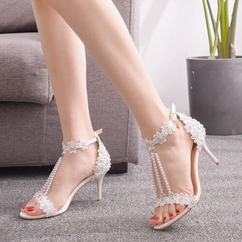 New Pumps Women Sexy White lace pearl sandals Design Crystal Heel Ladies Shoes Stiletto High Heels Wedding Dress Shoes Woman