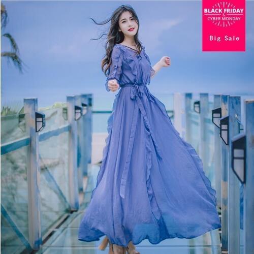 Mori gilr 2018 Spring new chiffon ruffles half sleeve dress female high waist v-neck was thins college style beach dress L193