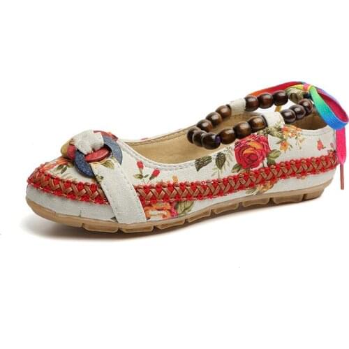 Vintage Buddhism Beading Strap Ladies Canvas Ballet Shoes Colorful Handmade Fashion Women Floral Printed Flats Back Lace Up