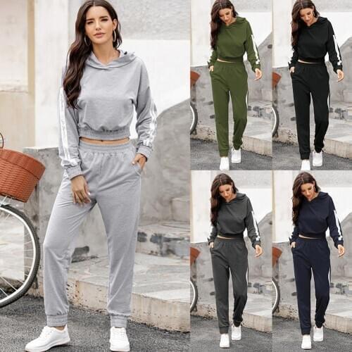 Women Fashion Long Sleeve Hoodie Sweatshirt Pocket Pants Two Piece Sports Outfit Sweatshirt Pocket Pants Two Piece Sports Outfit