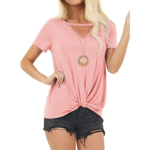 Women Short Sleeve V Neck T Shirts Loose Twist Knot Tunic Tops Women Casual V Neck Solid Harajuku Female Tees Shirt Tops D30