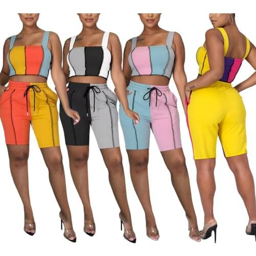 Sexy 2Pcs Women Summer Tracksuit Match Color Slim Crop Sleeveless Tops Drawstring High-Waist Shorts for Girls 4 Colors