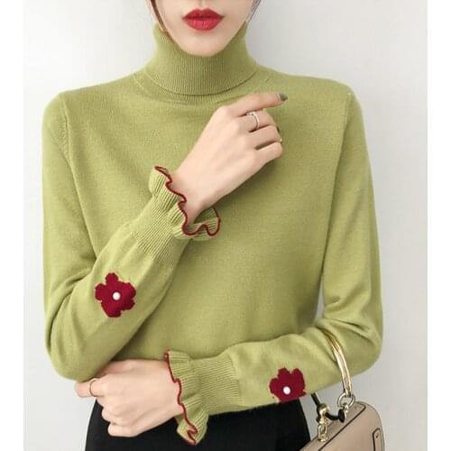 Turtleneck Sweaters Women 2021 New Autumn Winter Ruffles Floral Pullover Sweater Casual Loose Elegant Female Knitted Jumper Tops