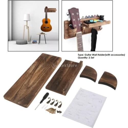 2 Set Wooden Wall Mount Guitar Holder Display Hanger Shelf with Pick Holder