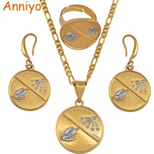Anniyo Two Tone Papua New Guinea Central Province Flag Pendant Necklaces Earrings Free Size Ring Ethnic Jewelry Sets #134206