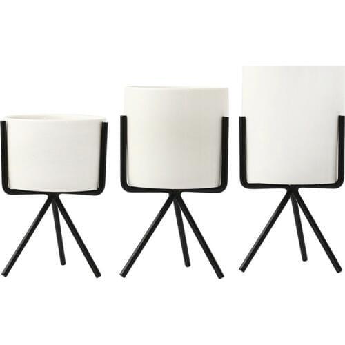 1 Set White Garden Ceramic Desktop Planter Succulent Plant Pot With Iron Metal Round Stand Holder Bonsai Pots Flowerpot Set