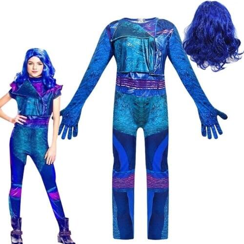 Descendants 3 Evie Light blue Long Wavy Wig kids adult Cosplay Costume+3D Jumpsuits funny party halloween costume for kids
