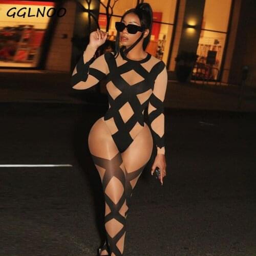 GGLNOO Cross Striped Two Piece Set Women Streetwear Bodysuit+Elastic Leggings Mesh See Through Midnight Clubwear Skinny Outfits