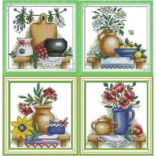 Joy Sunday Painting DIY Needlework The Teapot with Flowers DMC Counted Cross Stitch Kits for Embroidery Knitting Needles Crafts