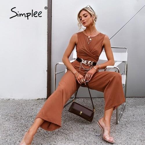 Simplee Brown sleeveless wide leg pants jumpsuits Chic O neck tie long pants summer playsuit Elegant chiffon women jumpsuit