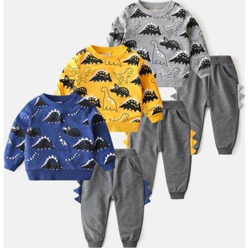 Boys Clothing Set Spring Autumn Cartoon Dinosaur Hooded Sweater Top + Pants 2 Pcs Suit For Baby Toddler Kids Casual Clothes