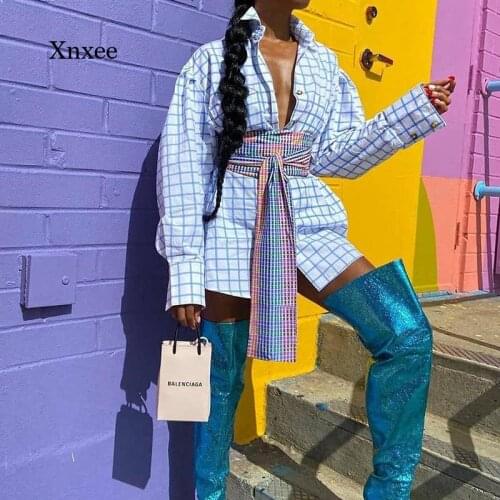 Fashion Plaid Long Sleeve Shirt Mini Dress Waistband Casual Lapel Long Shirts Single Breasted Print Corset Short Blouses Outfits