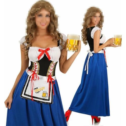 Newest Plus Size Long Section Oktoberfest Fancy Dress Women Deguisement Adultes Sexy Beer Girl Costumes blue Dress