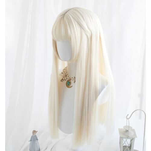General Daily Lolita Cosplay Wigs High-temperature Fiber Synthetic Hair Beige Long Natural Straight Hair Wigs + Wig Cap