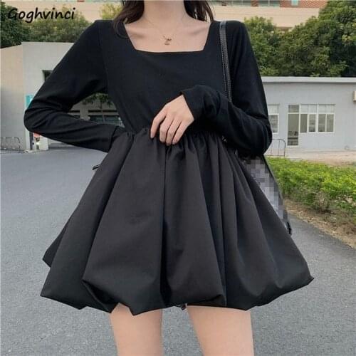 Long Sleeve Dress Women Fall Fashion Spliced Retro Elegant Solid Simple Tutu Square Collar Lovely Teens Chic Slim Casual Pleated