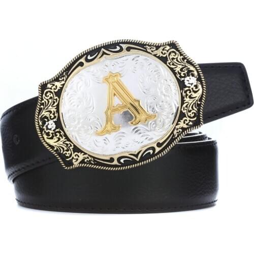 Western cowboy zinc alloy letters A to Z with pattern belt buckle gift PU leather belt