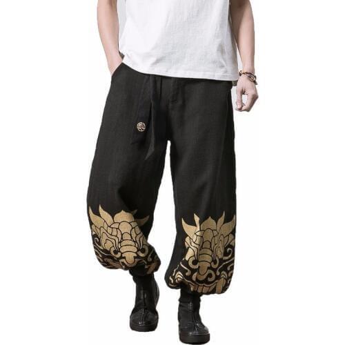 2020 Mens Harem Pants Baggy Floral Crotch Cross Casual Pants Joggers HipHop Male Retro Chinese Wide Leg Pants Men VintageTrouser
