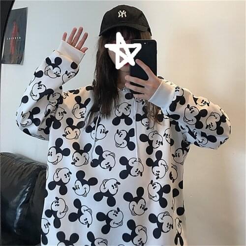 Disney Mickey Mouse Print Hoodies Sweatshirts Women Loose Hooded Hoodies Long SLeeve Pocket Winter Lady Clothes Women Sweatshirt