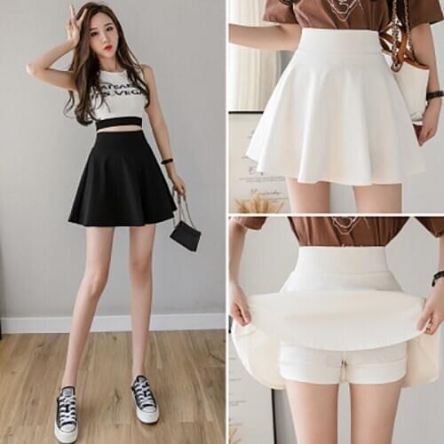 Skirts + Safety Trousers Spring Summer High Waist Short Skirt Pleated Little Black Skirt Large Size A-word Show Thin Loose