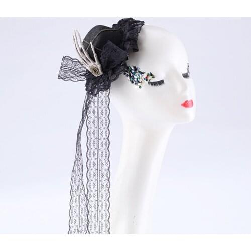 Women Halloween Gothic Mini Top Hat Steampunk Gear Chain Skeleton Hands Flower Fascination Hair Clip Victorian Cosplay Costume