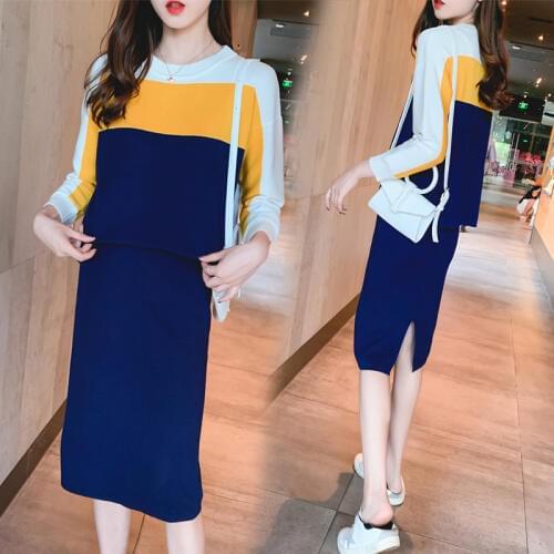 Womens sweater set 2019 new sweater knit fashion temperament top + skirt suit female two-piece dress elegant suit