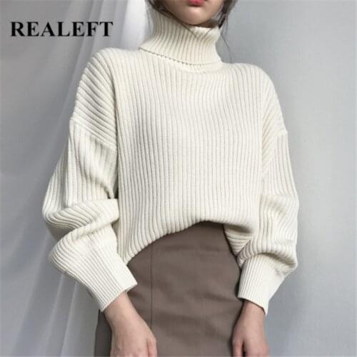 REALEFT 2021 New Winter Vintage Womens Sweater Elegant Solid Color Turtleneck Long Sleeve Casual Ladies Knitted Pullover Female