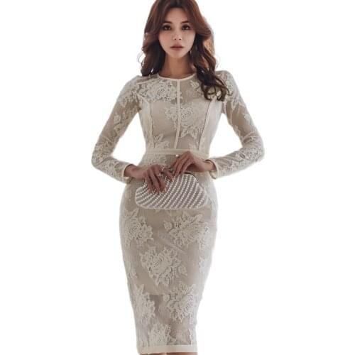 CINESSD white lace Dresses for woman Long Sleeve hollow out round neck Midi vestidos spring female formal Bodycon Dress