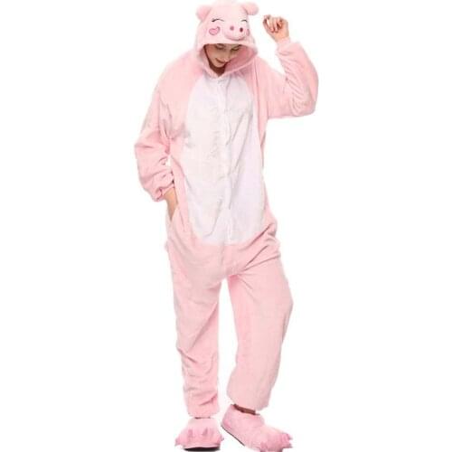 Cartoon Animal Pig Winter Sleepwear Pink Onesies Women Couple Flannel Hooded Cute One-Piece Home Pajamas Unisex Cosplay Costume