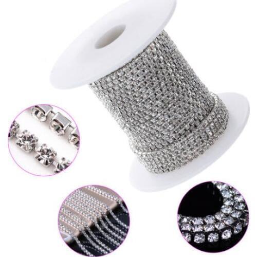10 Metres Silver Glass Close Crystal Diamante Rhinestone Sewing DIY Chain Trim A++ Quality 2mm to 5mm