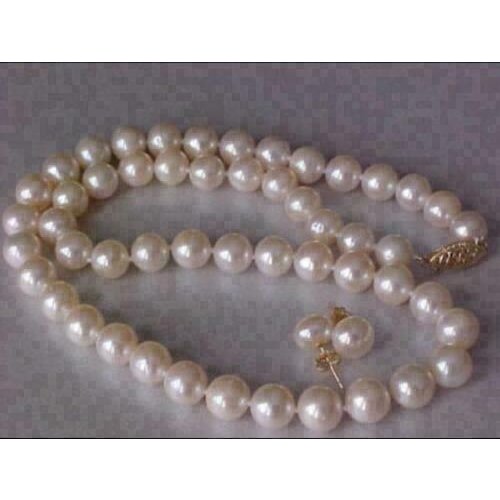 “18" AAA 9-10 MM NATURAL Akoya White PEARL NECKLACE 14K GOLD CLASP + Earring