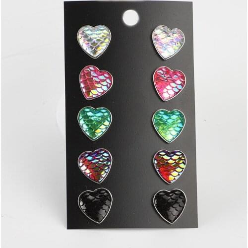 5pairs/set Love Heart Fish Scale Earrings Stainless Steel Stud Resin Cabochon Earrings Set for Women Jewelry Gift