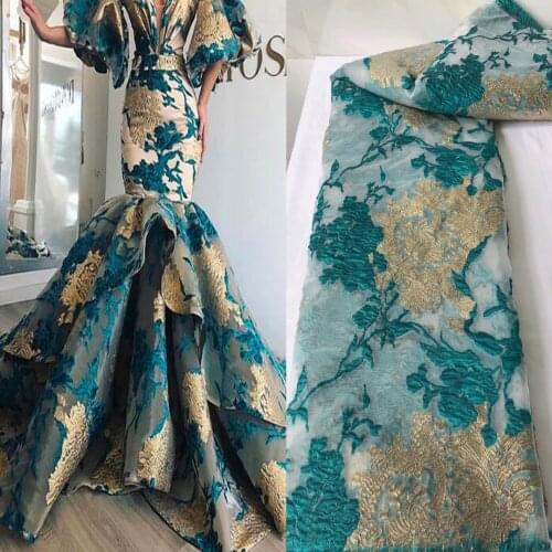 5yards/pc) High quality teal green and gold African tulle lace fabric newest French net lace fabric for attractive dress FLM001