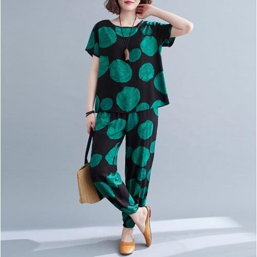 High Waist Harem Pants Loose Top Vintage Women Clothes Set Soft Cotton Satin Summer Casual Set Print Fashion Set Suits
