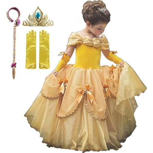 Deluxe Beauty and the Beast Toddler Summer Princess Belle Dress Girls Halloween Belle Costume Children Birthday Party Ball Gown