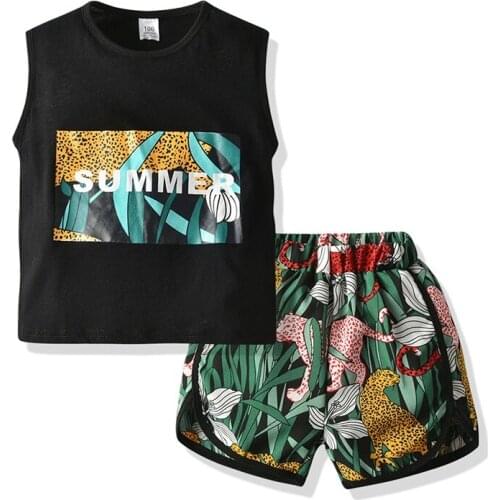 Yocute 2021 Kids Clothes Summer Boys' Black Leopard Print Sleeveless Suit Childrens Cotton Casual Short Sleeve Two Piece Set