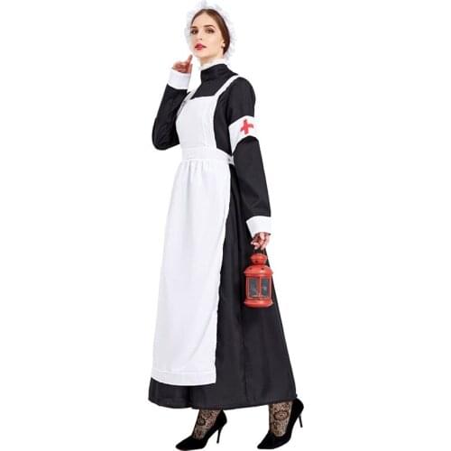 Ecoparty Black Monastery Nun Night Watchman Nurse Uniform Dress Costume Cosplay Suit for Girls Woman Maid Party Stage Costumes