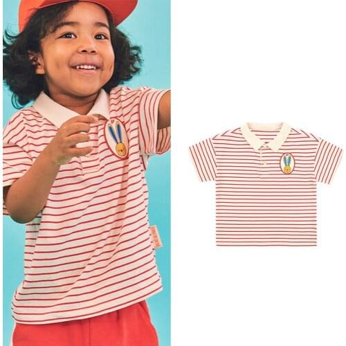 EnkeliBB Toddler Boys Girls Summer T-shirt Red Striped Korea Childrem Unisex Caroon Bunny Tops Short Sleeve Cotton Tees