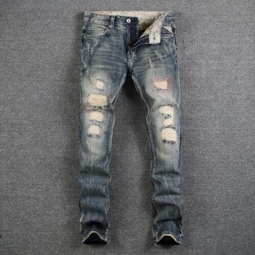 European Street Fashion Men Jeans High Quality Retro Destroyed Slim Fit Ripped Jeans Men Embroidery Designer Denim Punk Pants