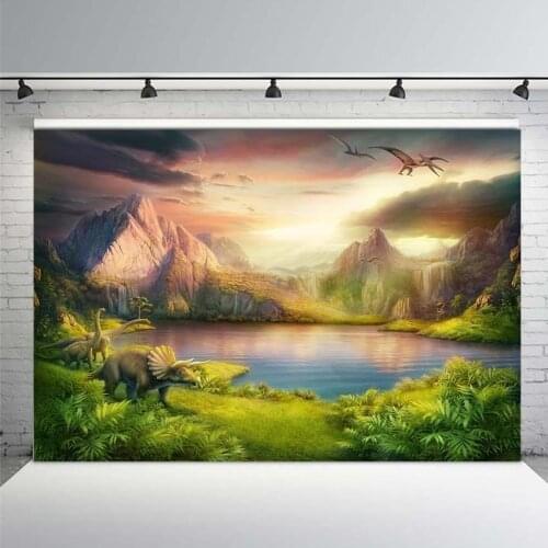 Jurassic Scene Dinosaur Background Flying Walking Monsters Mountain Landscape Lakeside Jungle Photography Backdrop Kid Wallpaper