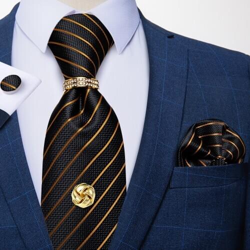 Luxury 8cm Men Business Tie Set 100% Silk Black Gold Striped Necktie Pocket Square Cufflinks Wedding Tie Men Gift Cravat DiBanGu