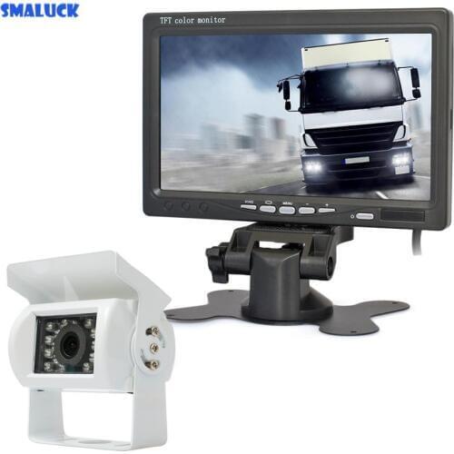 SMALUCK DC 12V-24V 7" TFT LCD Backup Car Monitor + White 4pin IR Night Vision CCD Rear View Car Camera for Bus Houseboat Truck