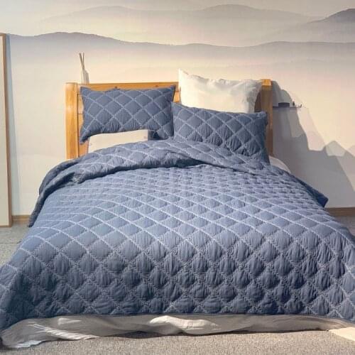 CHAUSUB Cotton Quilt 3PCS Set Bedspread With 2 Shams Blue Color Quilted Bed Cover Sheets Queen Size Coverlet Summer Blanket