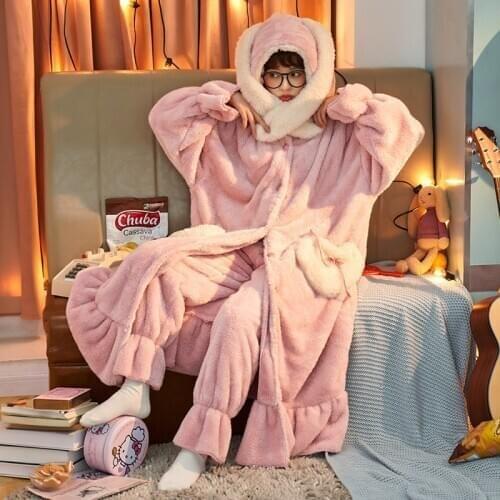 Coral Velvet Woman Sleepwear Medium Style Winter Pyjamas Cartoon Plush Thickened Flannel Hooded Home Suit Plus Size