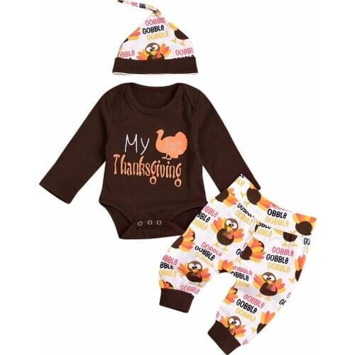 Newborn Baby boys girls clothes My first Thanksgiving Letter print Bodysuit+pants+Hat 3pcs sets Autumn Baby clothing outfit
