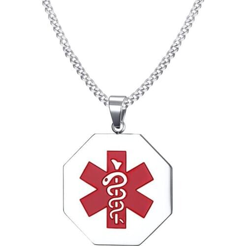 Medical Alert Womens Mens Necklace with Octagon Pendant Free Custom Engraving for Diabetes Warfarin Disease Name ICE Info