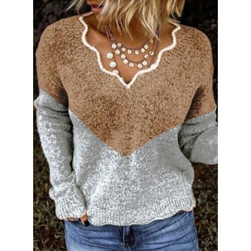 Fashion Patchwork Knit Sweater Women Ruffled V Neck Loose Pullovers Autumn Winter Long Sleeve Loose Color Block Jumper Sweater