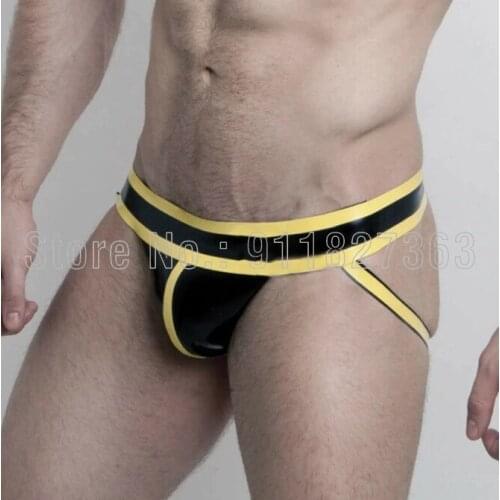 Latex Panties Men String Erotic Underwear Latex Rubber Jock Strap Tong w Open Behind Black w Yellow Trim Underwear Sexy lingerie