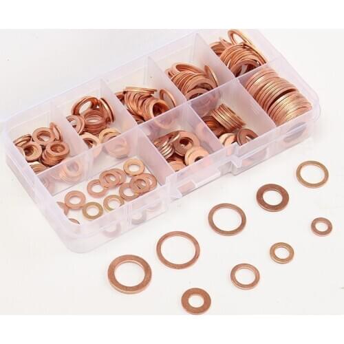 200pcs Professional Copper Washers Kit with Case M5-M14 Solid Flat Ring Sump Plug Oil Seal Assorted Set Hardware Accessories